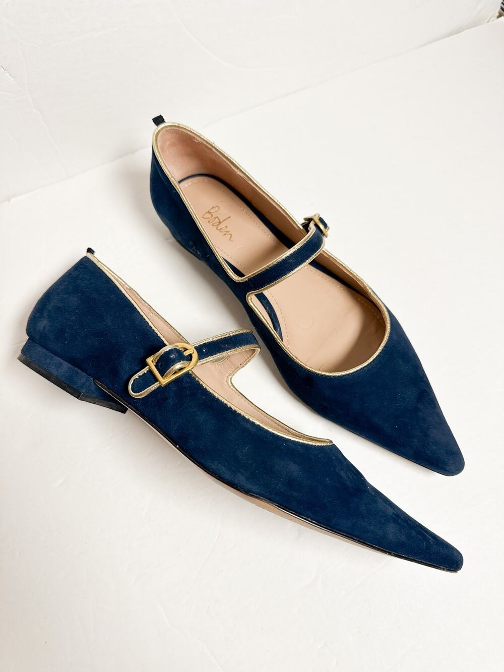 Boden Navy Suede Pointed Toe Mary Jane Flats Gold Trim EU 38